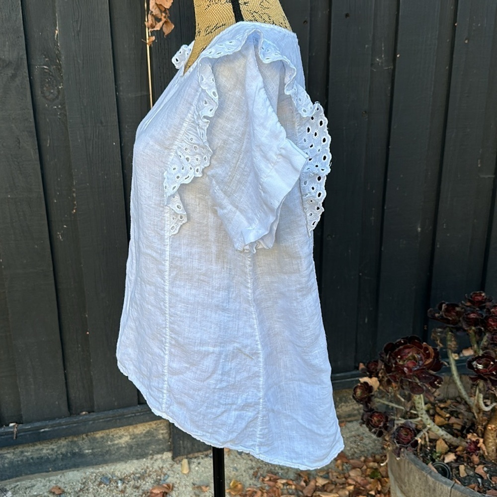 Terzo Millennio medium white linen top made in Italy 🇮🇹 eyelet shirt ruffle - Picture 5 of 8